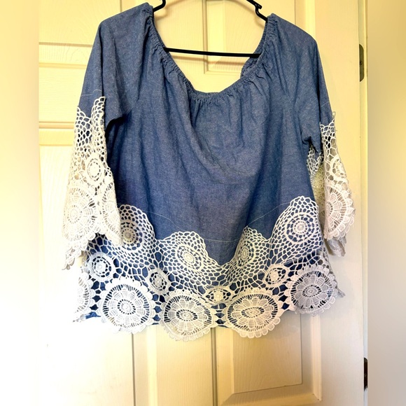 Unique Spectrum Tops - Unique Spectrum Blouse Lacey Cutouts Lightweight Denim Kimono/Bell Sleeves SZ L